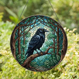 Black Raven Stained Glass Tree Branch Forest Canopy Dappled Sky Mosaic Translucent Stained Glass Suncatcher