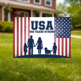 USA 250 Years Strong Family Silhouette - Distressed American Flag Anniversary Yard Sign