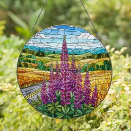 Vibrant Lupine Flowers Road Wheat Fields Tiffany Stained Glass Rolling Hills Gift Stained Glass Suncatcher