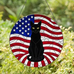 Black Cat American Flag Mosaic Tiffany Style - Patriotic Independence Day Gift for Cat Lovers Stained Glass Suncatcher