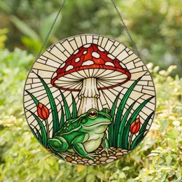 Green Frog Red Eyes Spotted Toadstool Stained Glass - Intricate Jewel Tone Nature Art Stained Glass Suncatcher