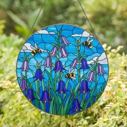 Tall Bell-Shaped Flowers Bumblebees Blue Sky Clouds Mosaic - Tiffany Stained Glass Art Stained Glass Suncatcher