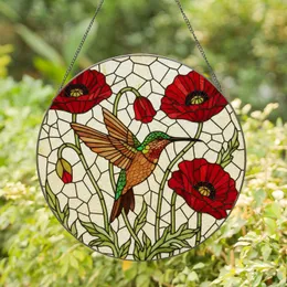 Hummingbird Red Poppy Stained Glass - Iridescent Green Head, Tiffany Jewel Tones Mosaic Stained Glass Suncatcher
