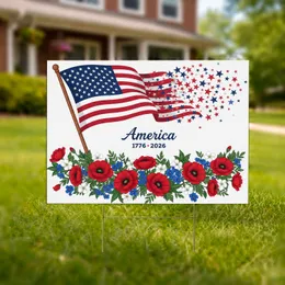 Waving American Flag "America" 1776-2026 Floral - USA 250th Anniversary Patriotic Design Yard Sign