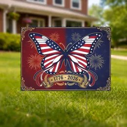 Stained Glass American Flag Butterfly 1776-2026 - USA 250th Anniversary Patriotic Yard Sign