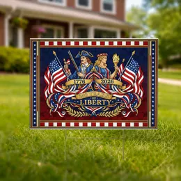 Stained Glass 1776-2026 Liberty Figures American Flag - USA 250th Anniversary Independence Day Yard Sign