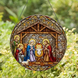 Stained Glass Nativity Scene Baby Jesus Manger Adoration - Holy Family Christmas Gift Stained Glass Suncatcher