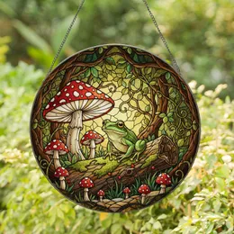 Green Frog Yellow Eyes Red Spotted Toadstool Forest Tiffany Stained Glass - Nature Decor Art Stained Glass Suncatcher