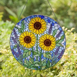 Sunflowers Lavender Tiffany Stained Glass Mosaic Jewel Tones High Contrast Full Frame Stained Glass Suncatcher