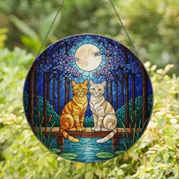 Orange Cream Tabby Cats Moon Water Lily Pads Night Sky Trees Tiffany Glass Style Jewel Tones Stained Glass Suncatcher