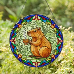 Fluffy Capybara Teacup Stained Glass Art - Tiffany Inspired Translucent Botanical Mosaic Stained Glass Suncatcher