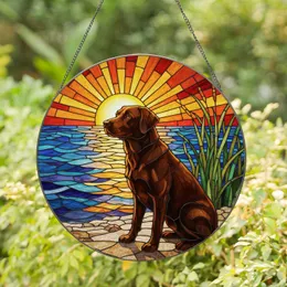 Chocolate Labrador Dog Sunset Ocean Tiffany Stained Glass Jewel Tone Art Home Decor Stained Glass Suncatcher