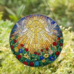 Radiant Golden Cross White Doves Floral Garden Celestial Jewel Tone Translucent Mosaic Stained Glass Suncatcher