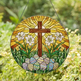 Easter Cross Lilies Eggs Stained Glass - Golden Sun Rays Christian Holiday Gift Stained Glass Suncatcher