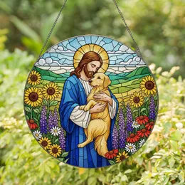 Jesus Christ Golden Retriever Stained Glass Wildflowers Hills Art - Tiffany Glass Style Stained Glass Suncatcher