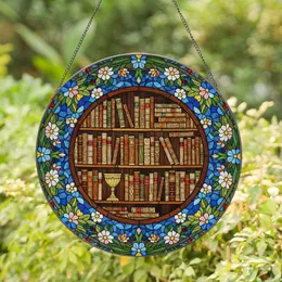 Detailed Stained Glass Bookshelf Ornate Books Floral Frame Golden Goblet Tiffany Stained Glass Suncatcher