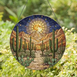 Stained Glass Desert Night Scene - Golden Full Moon, Saguaro Cactus, Mountain View Stained Glass Suncatcher