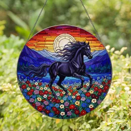 Black Horse Wildflowers Full Moon Mountain Sunset Tiffany Stained Glass Design Stained Glass Suncatcher