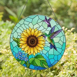 Iridescent Hummingbird Golden Sunflower Stained Glass - Tiffany Style Jewel Tone Mosaic Art Stained Glass Suncatcher
