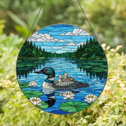 Loon Family with Chicks, Water Lilies & Lake Forest - Tiffany Style Stained Glass Decor Stained Glass Suncatcher