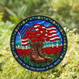 Military Combat Boots Poppies American Flag Gravestone Crosses - Veterans Remembrance Stained Glass Suncatcher