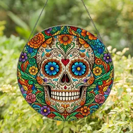 Vibrant Day of the Dead Sugar Skull Stained Glass Floral Fiesta - Mexican Home Decor Stained Glass Suncatcher