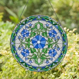 Tiffany Style Blue Flower Stained Glass Intricate Floral Mosaic with Green Leaves & Buds Stained Glass Suncatcher
