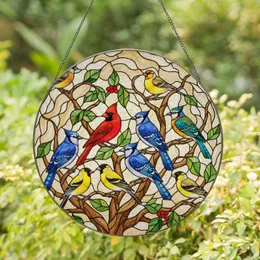 Eight Songbirds Stained Glass Art - Tiffany Jewel Tone Decor - Gnarled Tree Branches Stained Glass Suncatcher