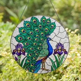 Majestic Peacock Tiffany Stained Glass Style with Iridescent Tail & Purple Yellow Irises Stained Glass Suncatcher