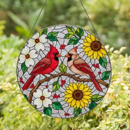 Red Male Female Cardinals Dogwood Sunflowers Berries Green Leaves Tiffany Mosaic Stained Glass Suncatcher