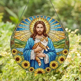Jesus Christ Tabby Cat Sunflowers - Tiffany Glass Style Glowing Jewel Tones Stained Glass Suncatcher