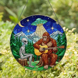 Bigfoot Alien UFO Tiffany Stained Glass - Cryptid Sci-Fi Mountain Night Sky Scene Stained Glass Suncatcher