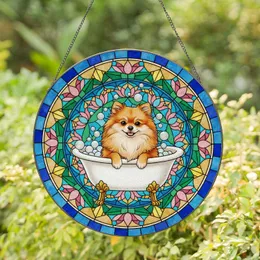 Pomeranian Dog Clawfoot Bathtub Stained Glass Mosaic Intricate Lotus Decor Gift Stained Glass Suncatcher