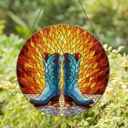 Western Cowboy Boots Stained Glass Art - Tiffany Blue Teal Golden Fiery Landscape Stained Glass Suncatcher