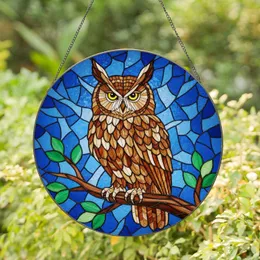 Long-Eared Owl Stained Glass Art on Gnarled Branch - Intricate Geometric Mosaic Sky Stained Glass Suncatcher