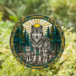 Majestic Grey Wolf Pups Forest Celtic Knot Tiffany Stained Glass Look Home Decor Stained Glass Suncatcher