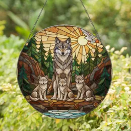 Majestic Gray Wolf & Cubs Suncatcher - Tiffany Stained Glass Forest with Sun Glow Art Stained Glass Suncatcher