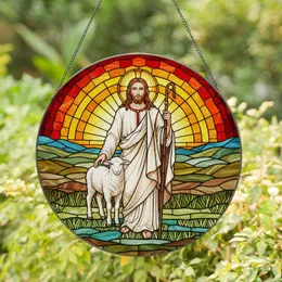 Jesus Christ Lamb Stained Glass - Tiffany Style Jewel Tone Landscape Religious Decor Stained Glass Suncatcher