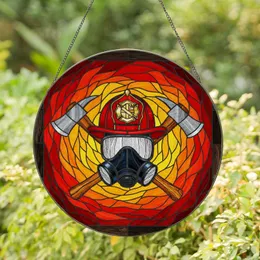 Firefighter Helmet Mask Axes Stained Glass Fiery Mosaic Art - First Responder Tribute Gift Stained Glass Suncatcher