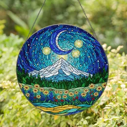 Snow-capped Mountain Wildflower Field - Crescent Moon Stars Van Gogh Style Stained Glass Stained Glass Suncatcher