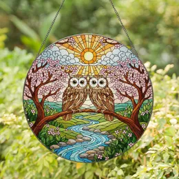 Two Owls Cherry Blossom River Stained Glass Style Sunlit Sky Jewel Tone Decor Stained Glass Suncatcher