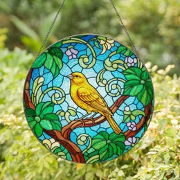 Yellow Canary Finch Stained Glass Tiffany Art Emerald Green Leaves Nature Decor Stained Glass Suncatcher