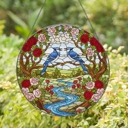 Two Blue Jays Roses River Tiffany Stained Glass - Intricate Nature Bird Art Gift Stained Glass Suncatcher