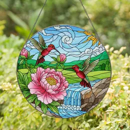 Ruby-Throated Hummingbirds Pink Peonies Stained Glass Waterfall - Tiffany Style Decor Gift Stained Glass Suncatcher