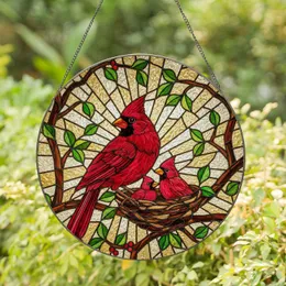 Red Cardinal Bird Nest with Babies, Tiffany Style Stained Glass Home Decor Gift Stained Glass Suncatcher