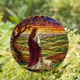 Robed Figure Lamb Gnarled Tree Autumn Foliage - Pastoral Hills Sunset Tiffany Glass Art Stained Glass Suncatcher