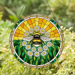 Bumblebee Pollinating Daisy Flowers Stained Glass Mosaic - Tiffany Style Nature Decor Stained Glass Suncatcher