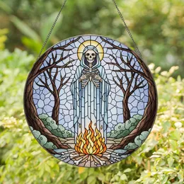 Skeletal Figure Bonfire Stained Glass Art - Golden Halo, Scattered Bones, Gnarled Trees Stained Glass Suncatcher