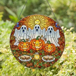Smiling Jack-o'-lantern Ghosts Picnic Scene - Autumn Halloween Glowing Tiffany-Style Decor Stained Glass Suncatcher
