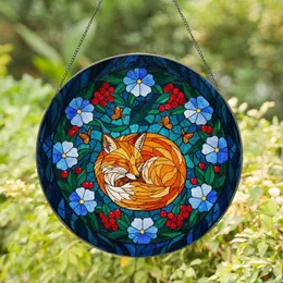 Sleeping Fox Tiffany Stained Glass Forest Foliage Flowers Berries Butterflies Colorful Mosaic Stained Glass Suncatcher